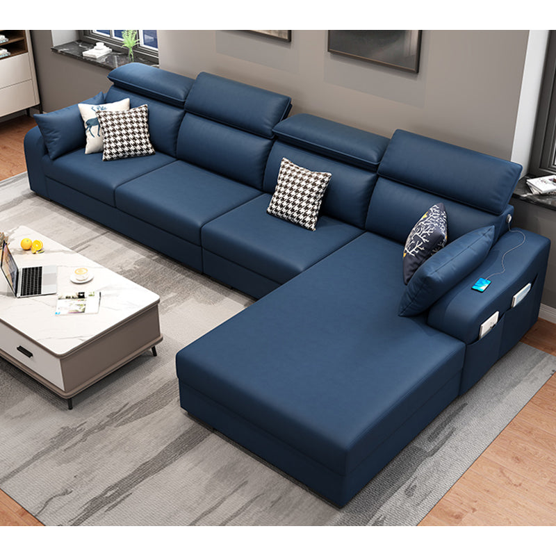 Faux Leather Removable Cushions Sofa and Chaise 35.43"High Sloped Arms Sectional Dark Blue Clearhalo 'furn' 'furn_sectionals' 'Furniture' 'furniture_sectionals' 'kitchen' 'kitchen_sectionals' 'Living Room Furniture' 'Sectionals' 4856469
