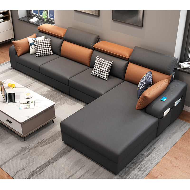 Faux Leather Removable Cushions Sofa and Chaise 35.43"High Sloped Arms Sectional 110"L x 63"W x 35"H Orange-Gray Clearhalo 'furn' 'furn_sectionals' 'Furniture' 'furniture_sectionals' 'kitchen' 'kitchen_sectionals' 'Living Room Furniture' 'Sectionals' 4856470