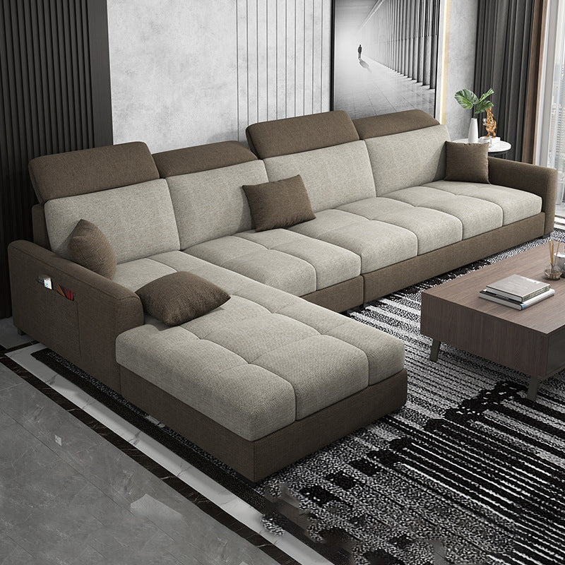 Modern L-Shape Sectional Recessed Arm Sofa and Chaise with Storage for Four People Khaki Clearhalo 'furn' 'furn_sectionals' 'Furniture' 'furniture_sectionals' 'kitchen' 'kitchen_sectionals' 'Living Room Furniture' 'Sectionals' 4856572