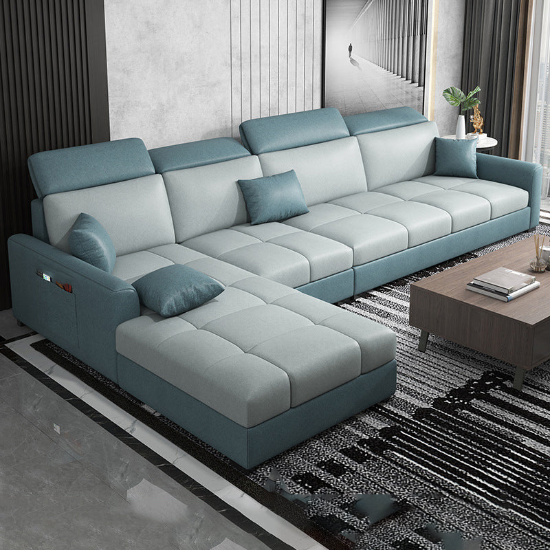 Modern L-Shape Sectional Recessed Arm Sofa and Chaise with Storage for Four People Lake Blue Clearhalo 'furn' 'furn_sectionals' 'Furniture' 'furniture_sectionals' 'kitchen' 'kitchen_sectionals' 'Living Room Furniture' 'Sectionals' 4856576