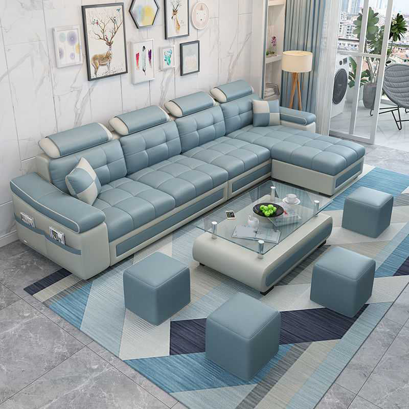 Modern L-shape Sofa and Chaise Right Facing Faux Leather/Linen Blend Sectionals Blue Faux Leather Foam Clearhalo 'furn' 'furn_sectionals' 'Furniture' 'furniture_sectionals' 'kitchen' 'kitchen_sectionals' 'Living Room Furniture' 'Sectionals' 4856586