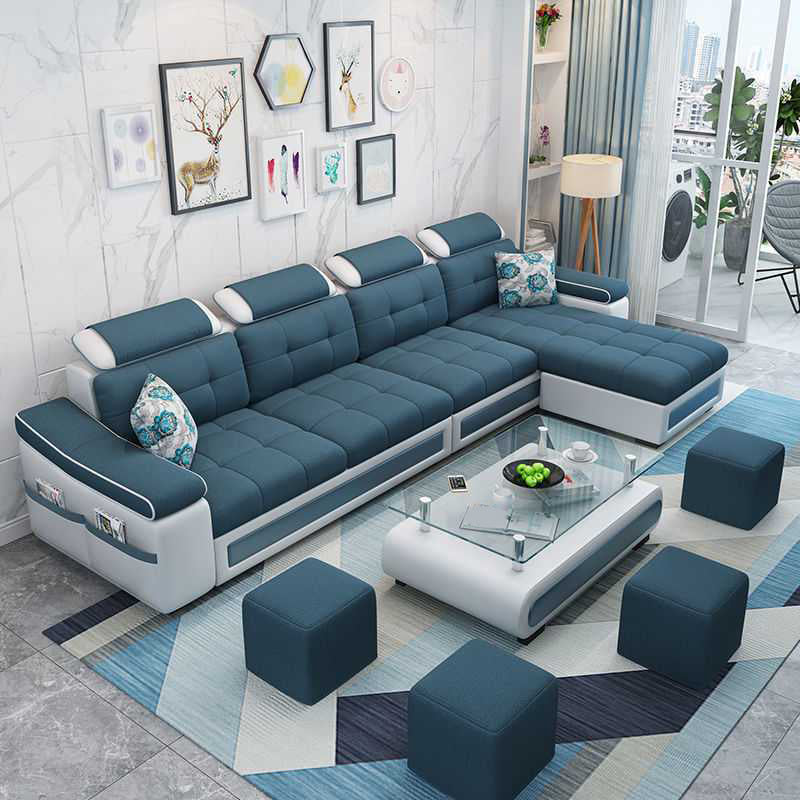 Modern L-shape Sofa and Chaise Right Facing Faux Leather/Linen Blend Sectionals Dark Blue Linen Blend Foam Clearhalo 'furn' 'furn_sectionals' 'Furniture' 'furniture_sectionals' 'kitchen' 'kitchen_sectionals' 'Living Room Furniture' 'Sectionals' 4856587