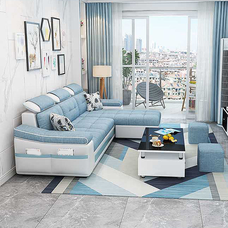 Modern L-shape Sofa and Chaise Right Facing Faux Leather/Linen Blend Sectionals Blue Linen Blend Latex Clearhalo 'furn' 'furn_sectionals' 'Furniture' 'furniture_sectionals' 'kitchen' 'kitchen_sectionals' 'Living Room Furniture' 'Sectionals' 4856588