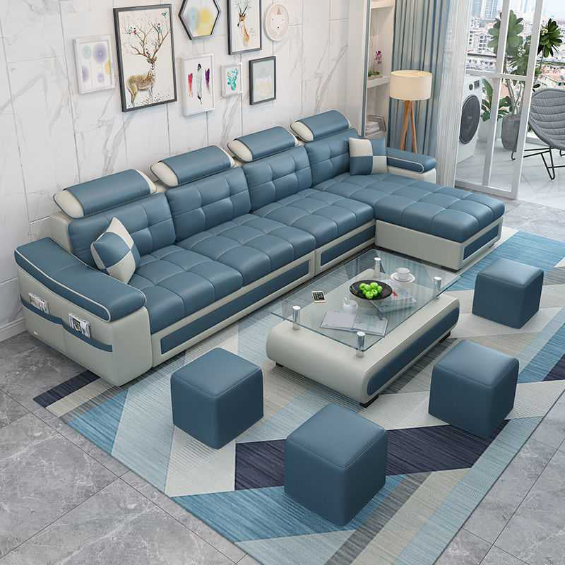 Modern L-shape Sofa and Chaise Right Facing Faux Leather/Linen Blend Sectionals Dark Blue Faux Leather Foam Clearhalo 'furn' 'furn_sectionals' 'Furniture' 'furniture_sectionals' 'kitchen' 'kitchen_sectionals' 'Living Room Furniture' 'Sectionals' 4856589