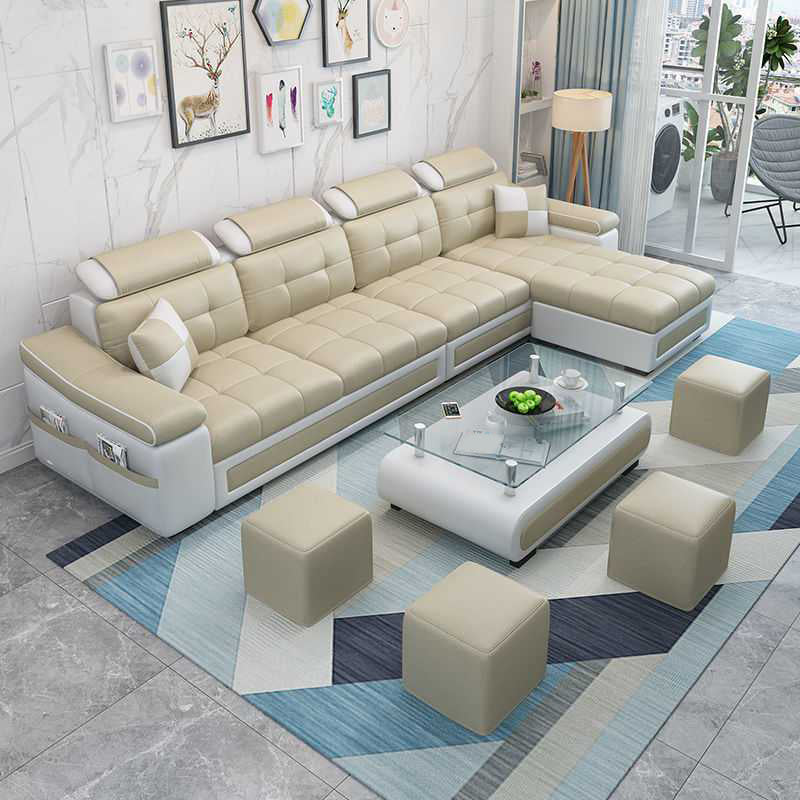 Modern L-shape Sofa and Chaise Right Facing Faux Leather/Linen Blend Sectionals Beige Faux Leather Foam Clearhalo 'furn' 'furn_sectionals' 'Furniture' 'furniture_sectionals' 'kitchen' 'kitchen_sectionals' 'Living Room Furniture' 'Sectionals' 4856590