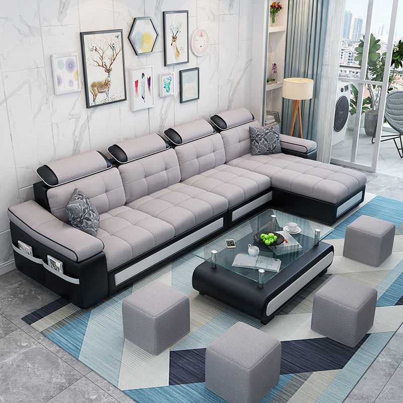 Modern L-shape Sofa and Chaise Right Facing Faux Leather/Linen Blend Sectionals Grey Linen Blend Foam Clearhalo 'furn' 'furn_sectionals' 'Furniture' 'furniture_sectionals' 'kitchen' 'kitchen_sectionals' 'Living Room Furniture' 'Sectionals' 4856591