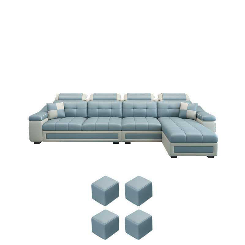 Modern L-shape Sofa and Chaise Right Facing Faux Leather/Linen Blend Sectionals Blue Faux Leather Latex Clearhalo 'furn' 'furn_sectionals' 'Furniture' 'furniture_sectionals' 'kitchen' 'kitchen_sectionals' 'Living Room Furniture' 'Sectionals' 4856593