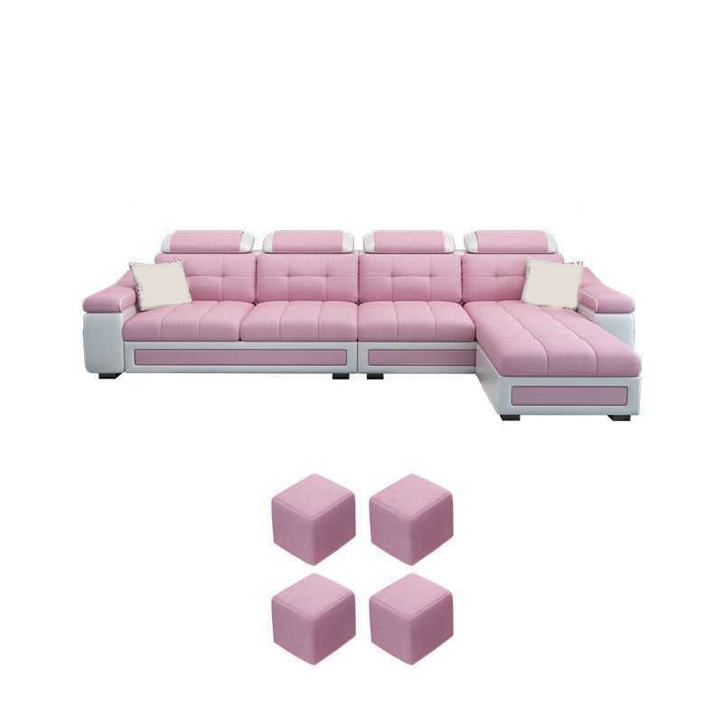 Modern L-shape Sofa and Chaise Right Facing Faux Leather/Linen Blend Sectionals Pink Linen Blend Clearhalo 'furn' 'furn_sectionals' 'Furniture' 'furniture_sectionals' 'kitchen' 'kitchen_sectionals' 'Living Room Furniture' 'Sectionals' 4856597