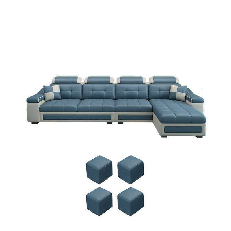 Modern L-shape Sofa and Chaise Right Facing Faux Leather/Linen Blend Sectionals Dark Blue Faux Leather Latex Clearhalo 'furn' 'furn_sectionals' 'Furniture' 'furniture_sectionals' 'kitchen' 'kitchen_sectionals' 'Living Room Furniture' 'Sectionals' 4856599