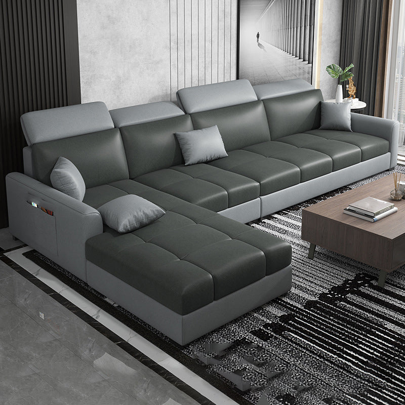 Modern L-Shape 4-seater Sofa and Chaise Recessed Arm Sectional with Pillow Back Cushions Dark Gray-Black Clearhalo 'furn' 'furn_sectionals' 'Furniture' 'furniture_sectionals' 'kitchen' 'kitchen_sectionals' 'Living Room Furniture' 'Sectionals' 4856611