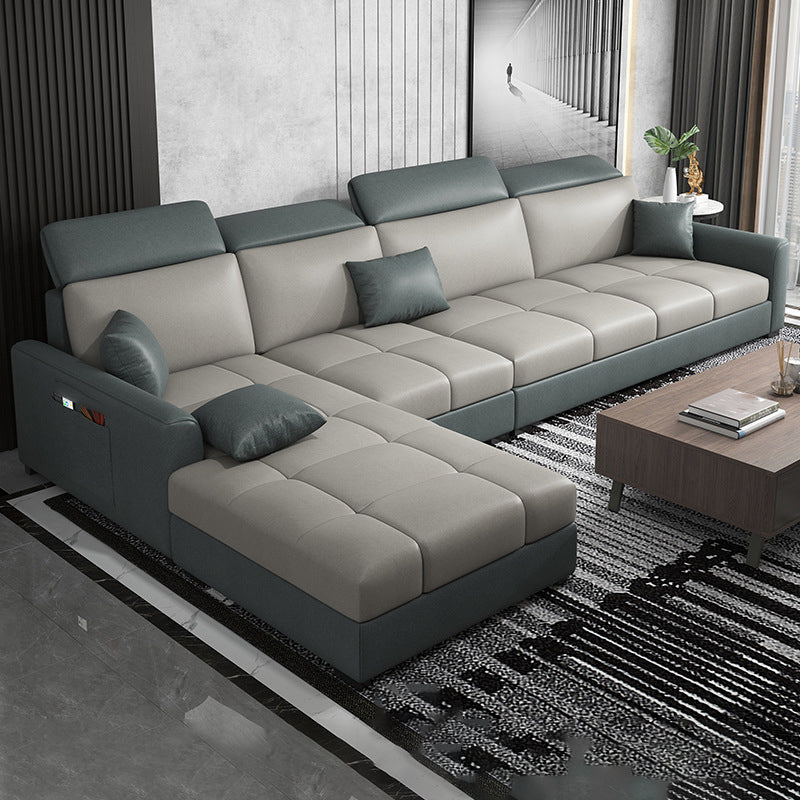 Modern L-Shape 4-seater Sofa and Chaise Recessed Arm Sectional with Pillow Back Cushions Dark Blue Memory Foam Clearhalo 'furn' 'furn_sectionals' 'Furniture' 'furniture_sectionals' 'kitchen' 'kitchen_sectionals' 'Living Room Furniture' 'Sectionals' 4856617