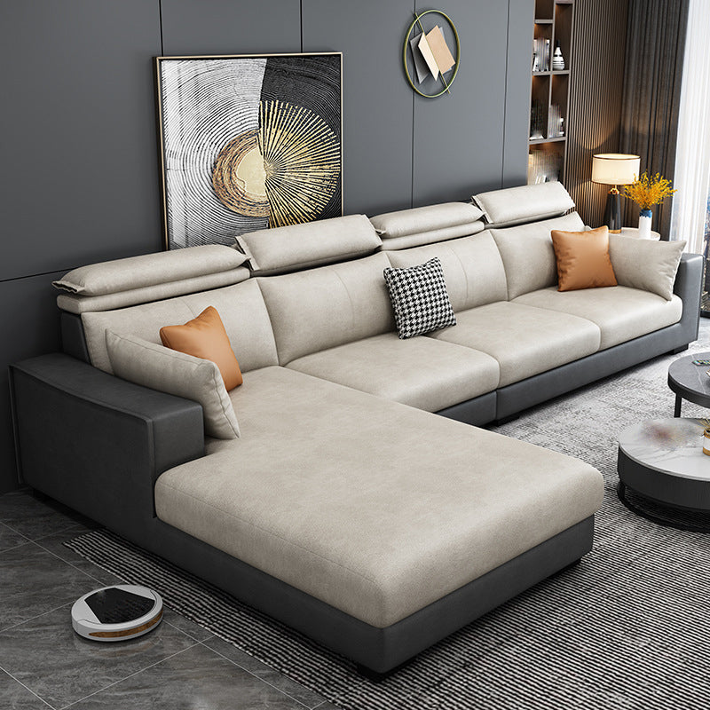 Faux Leather L-Shape Sectional Recessed Arm Sofa and Chaise with Pillowed Back Cushions Gray-White Clearhalo 'furn' 'furn_sectionals' 'Furniture' 'furniture_sectionals' 'kitchen' 'kitchen_sectionals' 'Living Room Furniture' 'Sectionals' 4856638