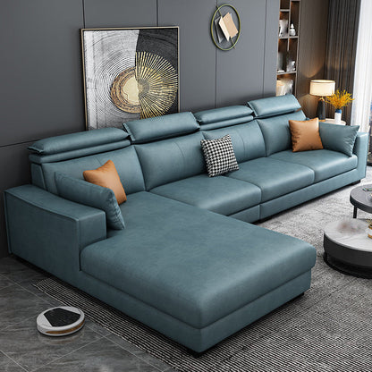 Faux Leather L-Shape Sectional Recessed Arm Sofa and Chaise with Pillowed Back Cushions Lake Blue Clearhalo 'furn' 'furn_sectionals' 'Furniture' 'furniture_sectionals' 'kitchen' 'kitchen_sectionals' 'Living Room Furniture' 'Sectionals' 4856640