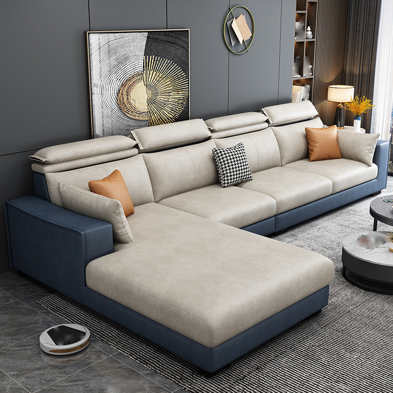 Faux Leather L-Shape Sectional Recessed Arm Sofa and Chaise with Pillowed Back Cushions Blue-White Clearhalo 'furn' 'furn_sectionals' 'Furniture' 'furniture_sectionals' 'kitchen' 'kitchen_sectionals' 'Living Room Furniture' 'Sectionals' 4856641