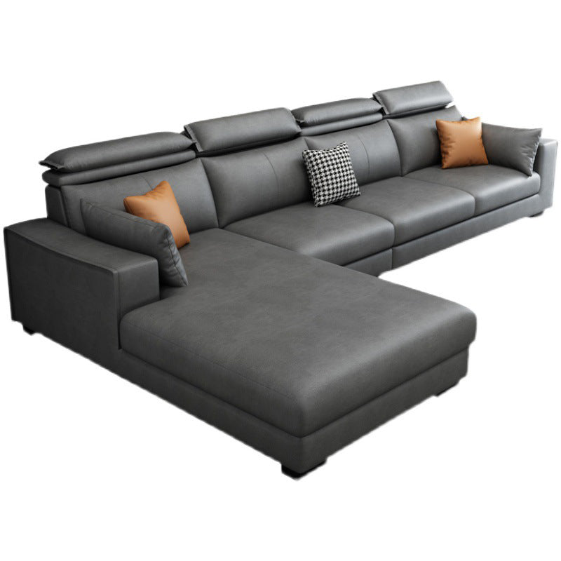 Faux Leather L-Shape Sectional Recessed Arm Sofa and Chaise with Pillowed Back Cushions 126"L x 69"W x 35"H Grey Clearhalo 'furn' 'furn_sectionals' 'Furniture' 'furniture_sectionals' 'kitchen' 'kitchen_sectionals' 'Living Room Furniture' 'Sectionals' 4856646