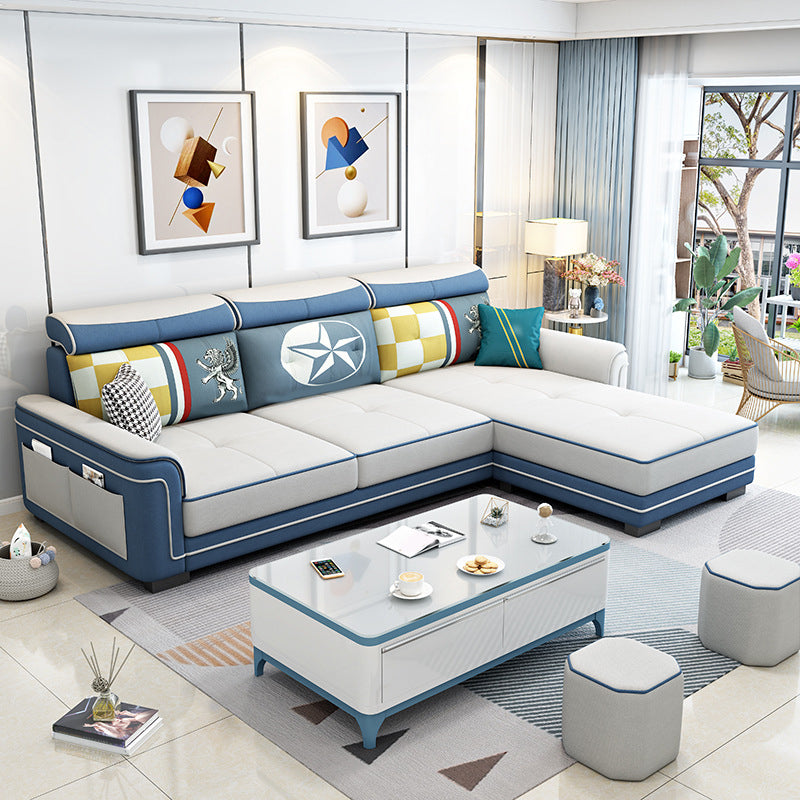 3-seat Pillow Top ArmSectionals Faux Leather Sofa and Chaise with Storage White-Blue Clearhalo 'furn' 'furn_sectionals' 'Furniture' 'furniture_sectionals' 'kitchen' 'kitchen_sectionals' 'Living Room Furniture' 'Sectionals' 4856653
