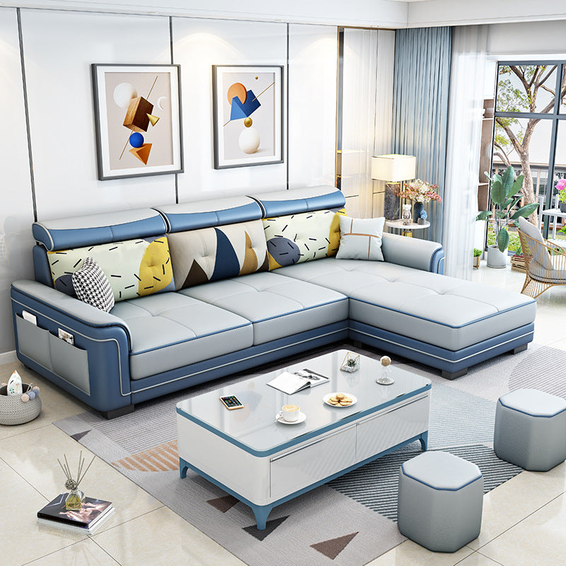 3-seat Pillow Top ArmSectionals Faux Leather Sofa and Chaise with Storage Light Blue-White Clearhalo 'furn' 'furn_sectionals' 'Furniture' 'furniture_sectionals' 'kitchen' 'kitchen_sectionals' 'Living Room Furniture' 'Sectionals' 4856656