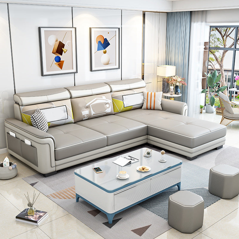 3-seat Pillow Top ArmSectionals Faux Leather Sofa and Chaise with Storage Beige Clearhalo 'furn' 'furn_sectionals' 'Furniture' 'furniture_sectionals' 'kitchen' 'kitchen_sectionals' 'Living Room Furniture' 'Sectionals' 4856665