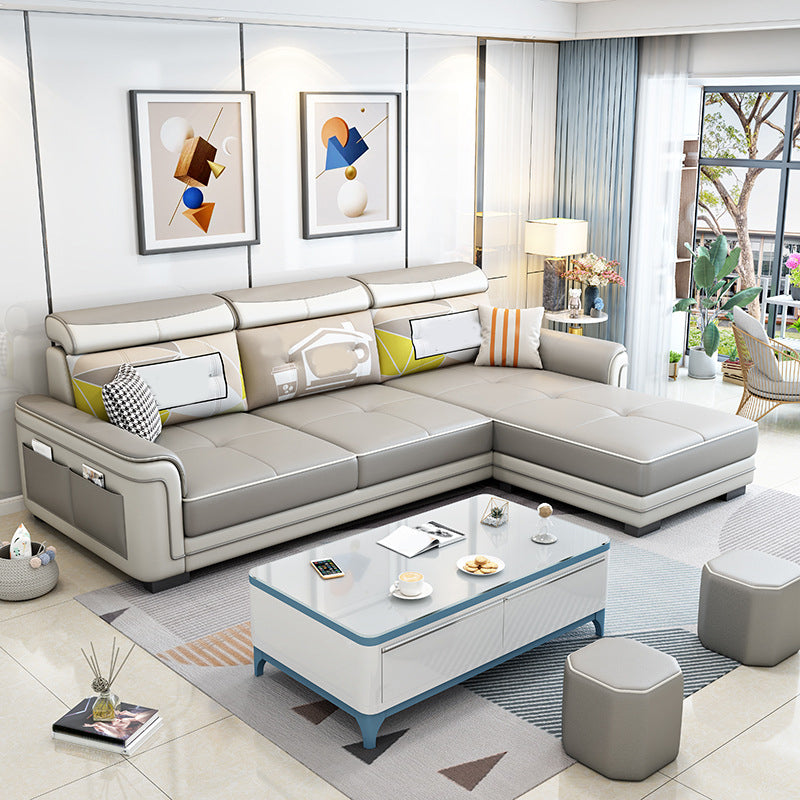 Modern 3-seat Sectionals Pillow Top Arm Sofa with Adjustable Headrest Gray-Khaki Clearhalo 'Furniture' 'furniture_sectionals' 'kitchen' 'kitchen_sectionals' 'Living Room Furniture' 'Sectionals' 4856670