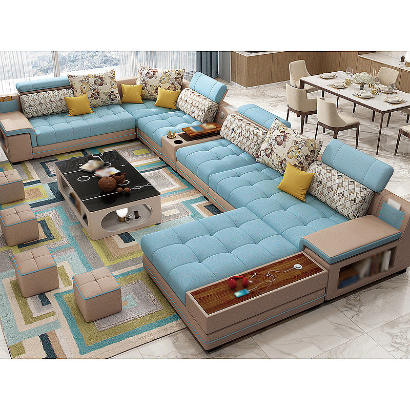 161.42"L X 98.43"W X 35.43"H Pu Cushion Back Sofa Square Arm Sectionals with Storage Light Blue Clearhalo 'furn' 'furn_sectionals' 'Furniture' 'furniture_sectionals' 'kitchen' 'kitchen_sectionals' 'Living Room Furniture' 'Sectionals' 4856751
