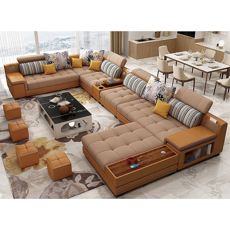161.42"L X 98.43"W X 35.43"H Pu Cushion Back Sofa Square Arm Sectionals with Storage Champagne Clearhalo 'furn' 'furn_sectionals' 'Furniture' 'furniture_sectionals' 'kitchen' 'kitchen_sectionals' 'Living Room Furniture' 'Sectionals' 4856755