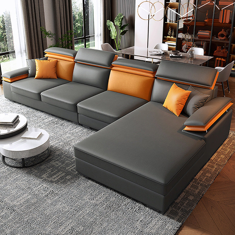 118.11"LX 66.93"W X 37.4"H Sofa and Chaise Fabric Cushion Back Sectionals Orange Dark Grey Right Latex Clearhalo 'furn' 'furn_sectionals' 'Furniture' 'furniture_sectionals' 'kitchen' 'kitchen_sectionals' 'Living Room Furniture' 'Sectionals' 4856831