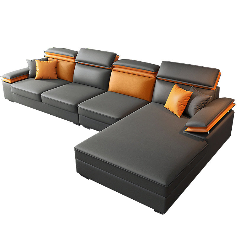 118.11"LX 66.93"W X 37.4"H Sofa and Chaise Fabric Cushion Back Sectionals Orange Dark Grey Right Sponge Clearhalo 'furn' 'furn_sectionals' 'Furniture' 'furniture_sectionals' 'kitchen' 'kitchen_sectionals' 'Living Room Furniture' 'Sectionals' 4856836