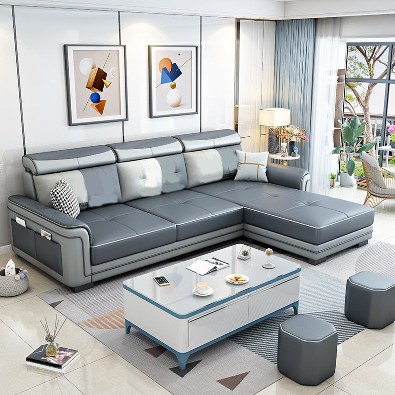 Contemporary Flared Arms Sectional 3-seat Faux Leather Sofa with Ottoman Included Dark Gray-White Clearhalo 'Furniture' 'furniture_sectionals' 'kitchen' 'kitchen_sectionals' 'Living Room Furniture' 'Sectionals' 4856905