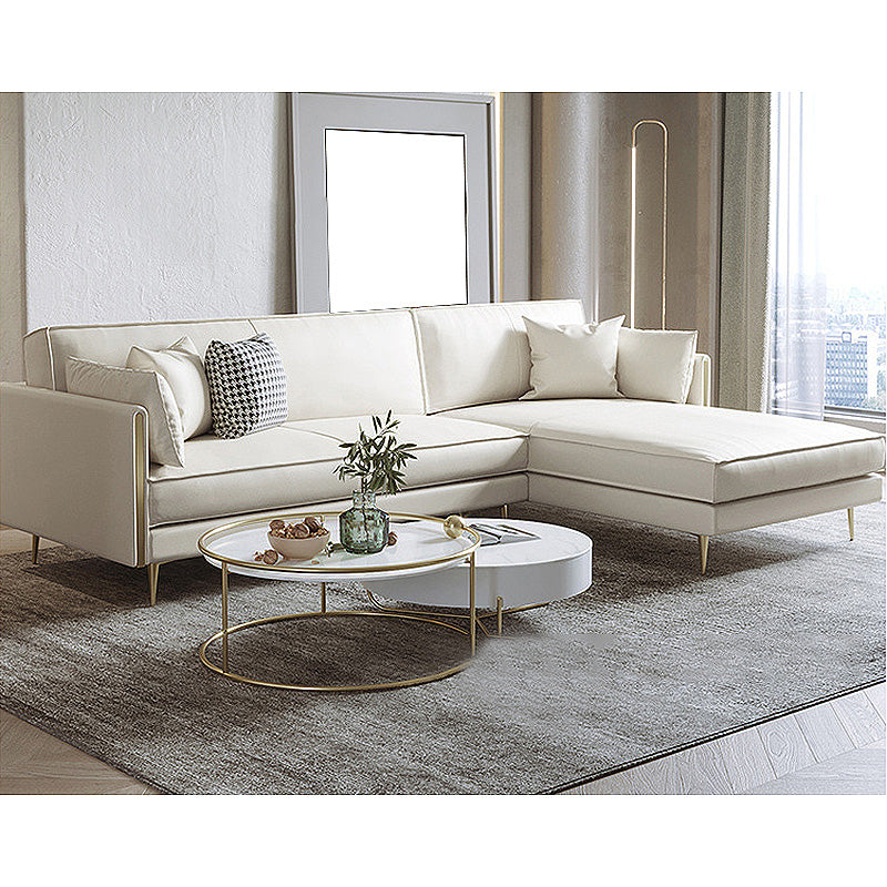 Recessed Arm Beige Cushion Back Sectional Stain-Resistant Genuine Leather Sofa 106"L x 69"W x 34"H Clearhalo 'furn' 'furn_sectionals' 'Furniture' 'furniture_sectionals' 'kitchen' 'kitchen_sectionals' 'Living Room Furniture' 'Sectionals' 4856952