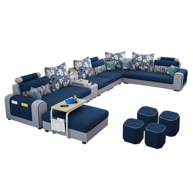 155.12"L X 92.52"W X 36.65"H Cotton Blend Sofa Removable Cushions Sectionals with Storage Dark Blue-White Clearhalo 'furn' 'furn_sectionals' 'Furniture' 'furniture_sectionals' 'kitchen' 'kitchen_sectionals' 'Living Room Furniture' 'Sectionals' 4856980