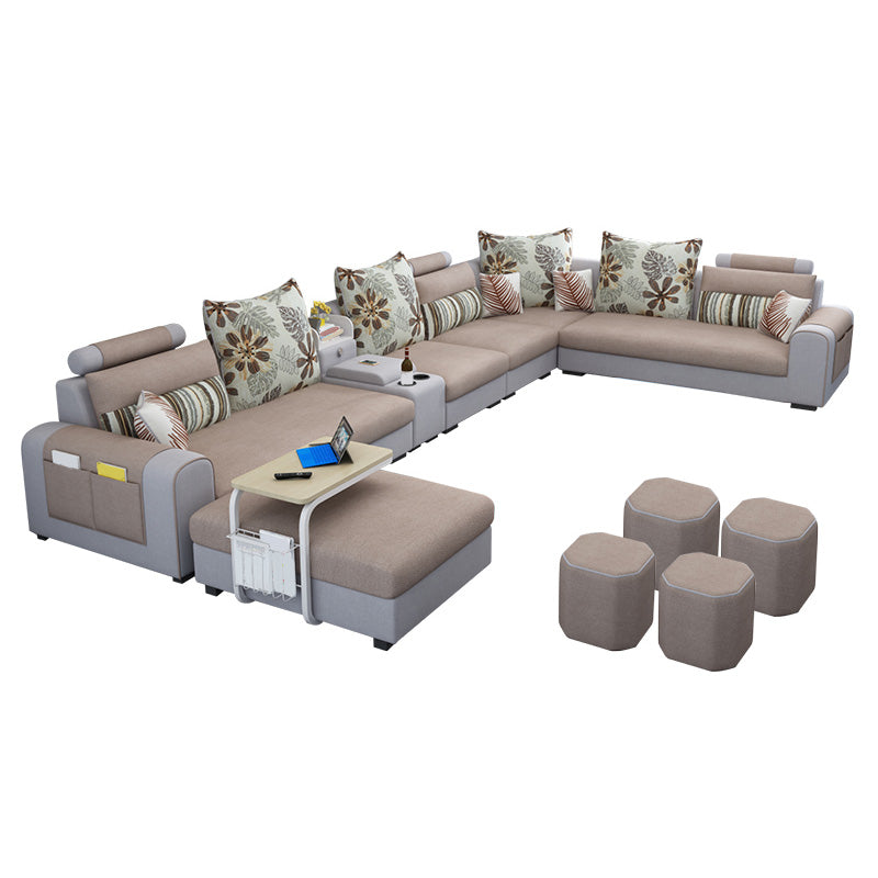 155.12"L X 92.52"W X 36.65"H Cotton Blend Sofa Removable Cushions Sectionals with Storage Khaki-White Clearhalo 'furn' 'furn_sectionals' 'Furniture' 'furniture_sectionals' 'kitchen' 'kitchen_sectionals' 'Living Room Furniture' 'Sectionals' 4856982