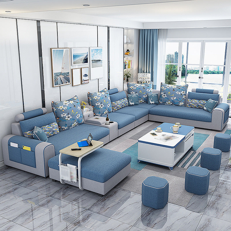 155.12"L X 92.52"W X 36.65"H Cotton Blend Sofa Removable Cushions Sectionals with Storage Blue Clearhalo 'furn' 'furn_sectionals' 'Furniture' 'furniture_sectionals' 'kitchen' 'kitchen_sectionals' 'Living Room Furniture' 'Sectionals' 4856984