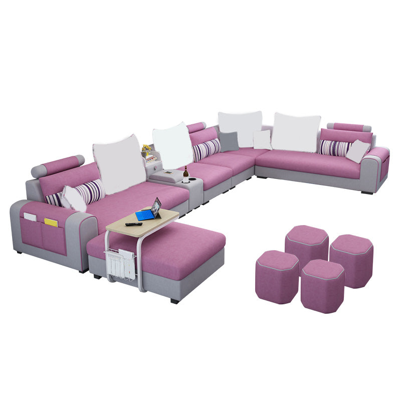 155.12"L X 92.52"W X 36.65"H Cotton Blend Sofa Removable Cushions Sectionals with Storage Pink-White Clearhalo 'furn' 'furn_sectionals' 'Furniture' 'furniture_sectionals' 'kitchen' 'kitchen_sectionals' 'Living Room Furniture' 'Sectionals' 4856990