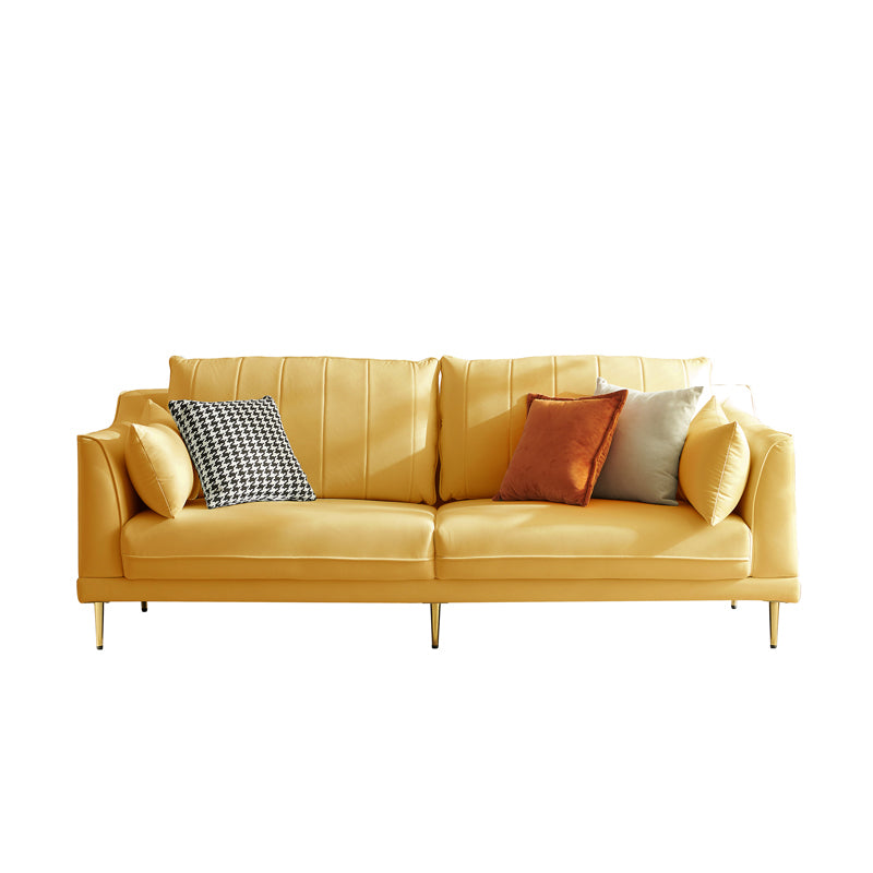 Contemporary Faux Leather Couch Square Arm Sofa with 2 Pillows Yellow Clearhalo 'furn' 'furn_sofas' 'Furniture' 'furniture_sofas' 'Living Room Furniture' 'Sofa' 'sofas' 4858239
