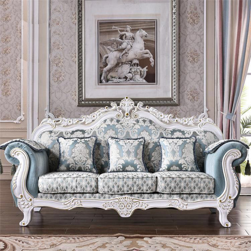 Traditional Camel Back CouchFlared Arm Settee for Three People Blue-White Clearhalo 'furn' 'furn_sofas' 'Furniture' 'furniture_sofas' 'Living Room Furniture' 'Sofa' 'sofas' 4858498