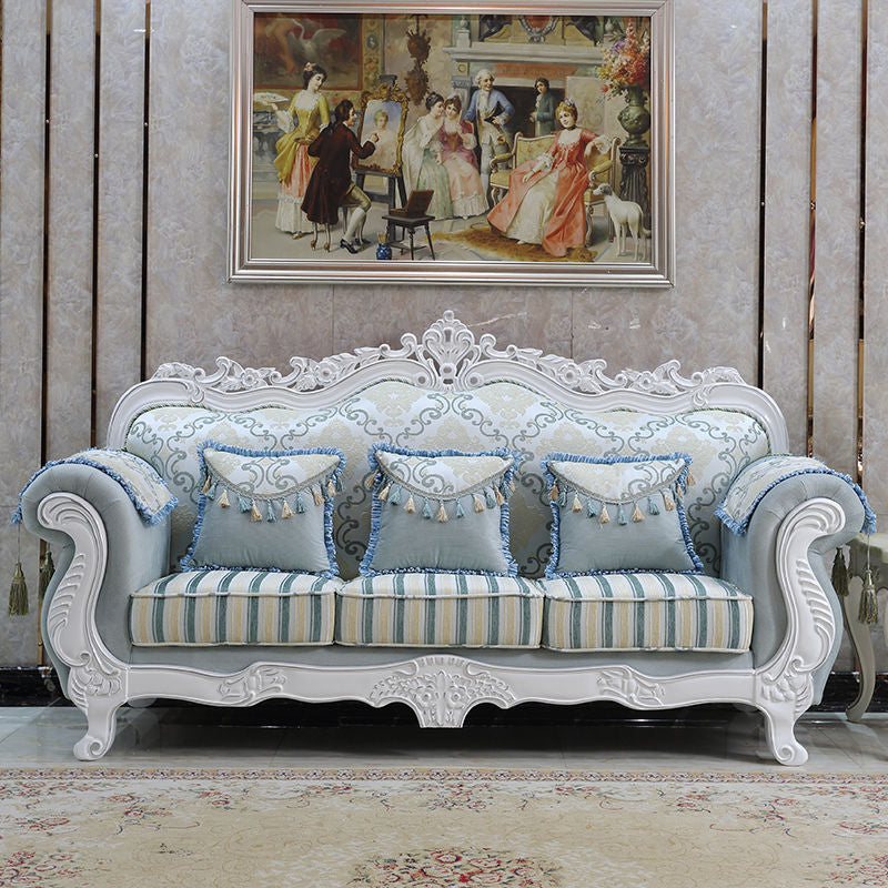 Traditional Camel Back CouchFlared Arm Settee for Three People Light Blue-White Clearhalo 'furn' 'furn_sofas' 'Furniture' 'furniture_sofas' 'Living Room Furniture' 'Sofa' 'sofas' 4858499