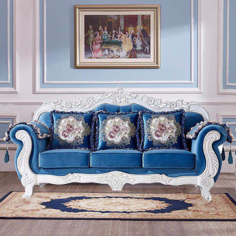 Traditional Camel Back CouchFlared Arm Settee for Three People Dark Blue-White Clearhalo 'furn' 'furn_sofas' 'Furniture' 'furniture_sofas' 'Living Room Furniture' 'Sofa' 'sofas' 4858506
