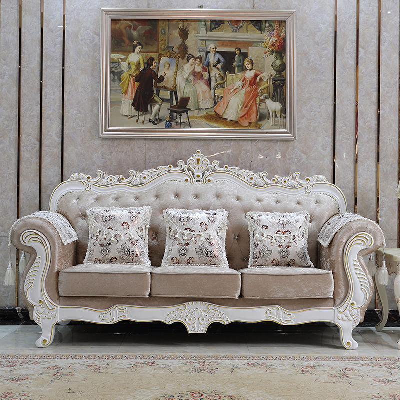 Traditional Camel Back CouchFlared Arm Settee for Three People Khaki-White Clearhalo 'furn' 'furn_sofas' 'Furniture' 'furniture_sofas' 'Living Room Furniture' 'Sofa' 'sofas' 4858509