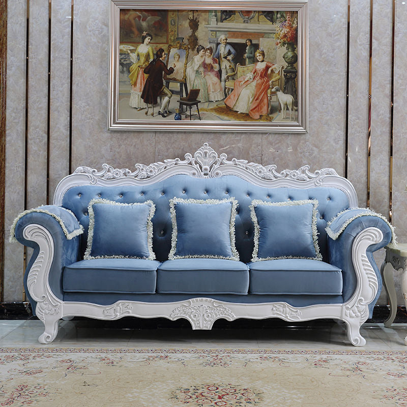 Traditional Camel Back CouchFlared Arm Settee for Three People Royal Blue-White Clearhalo 'furn' 'furn_sofas' 'Furniture' 'furniture_sofas' 'Living Room Furniture' 'Sofa' 'sofas' 4858513