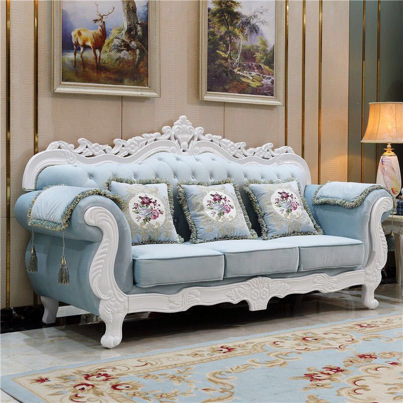 Traditional Camel Back CouchFlared Arm Settee for Three People Sky Blue-White Clearhalo 'furn' 'furn_sofas' 'Furniture' 'furniture_sofas' 'Living Room Furniture' 'Sofa' 'sofas' 4858517