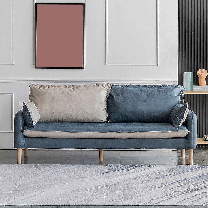 Contemporary Faux Leather Sofa Square Arm Couch with Pillows 55"L x 29.5"W x 27"H Royal Blue Natural Wood Clearhalo 'furn' 'furn_sofas' 'Furniture' 'furniture_sofas' 'Living Room Furniture' 'Sofa' 'sofas' 4858645