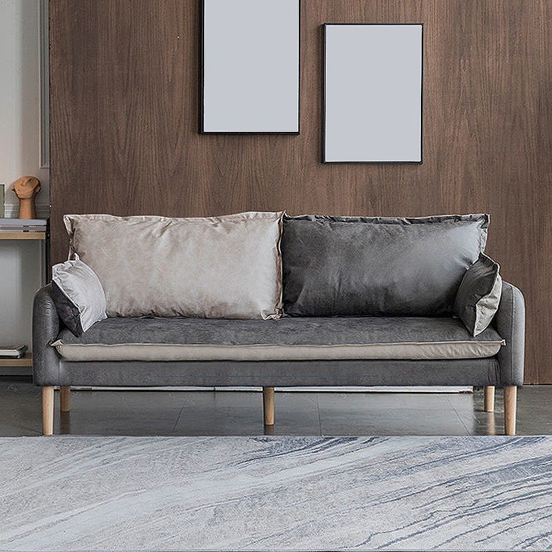 Contemporary Faux Leather Sofa Square Arm Couch with Pillows Grey Natural Wood Clearhalo 'furn' 'furn_sofas' 'Furniture' 'furniture_sofas' 'Living Room Furniture' 'Sofa' 'sofas' 4858648