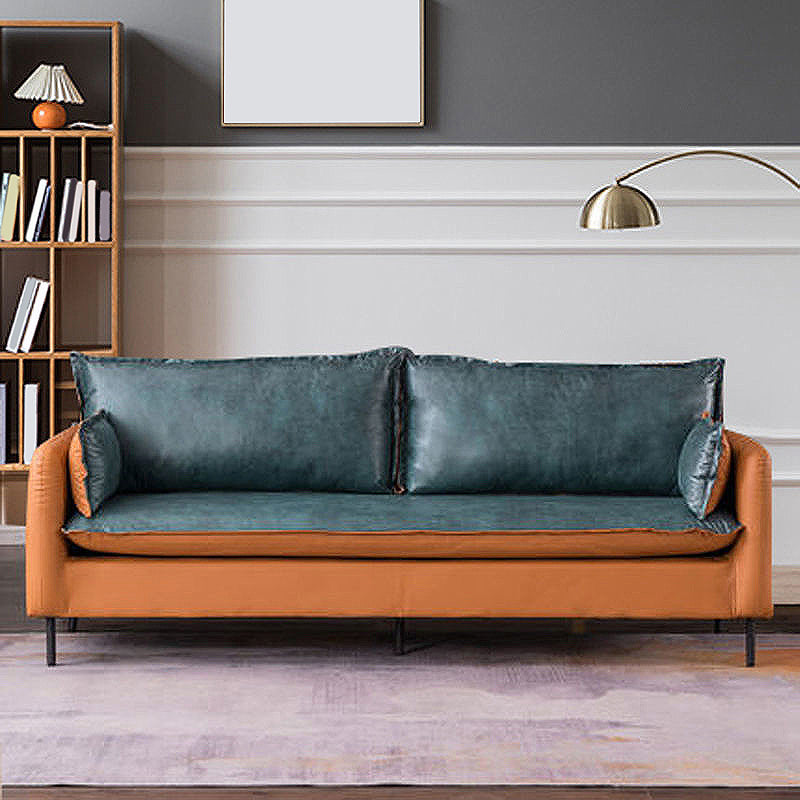 Contemporary Faux Leather Sofa Square Arm Couch with Pillows Orange Green Black Clearhalo 'furn' 'furn_sofas' 'Furniture' 'furniture_sofas' 'Living Room Furniture' 'Sofa' 'sofas' 4858650