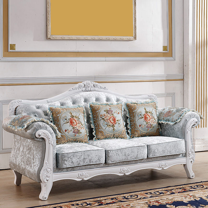 Tight and Tufted Split-Back Rolled Arm Sofa Couch for Three People White-Silver Clearhalo 'furn' 'furn_sofas' 'Furniture' 'furniture_sofas' 'Living Room Furniture' 'Sofa' 'sofas' 4858745