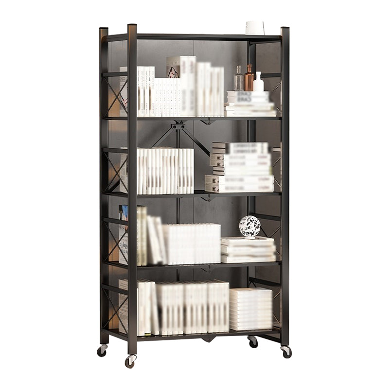 Folding Steel Industrial Etagere Bookshelf Open Bookshelf with Caster Wheels Black Clearhalo 'Bookcases' 'furn' 'furn_bookcases' 'Furniture' 'furniture_bookcases' 'Office Furniture' 4859547