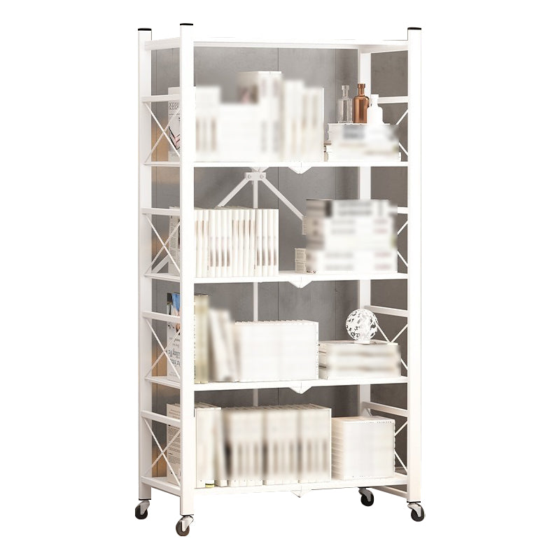 Folding Steel Industrial Etagere Bookshelf Open Bookshelf with Caster Wheels 28.3"L x 14.2"W x 63.8"H White Clearhalo 'Bookcases' 'furn' 'furn_bookcases' 'Furniture' 'furniture_bookcases' 'Office Furniture' 4859555