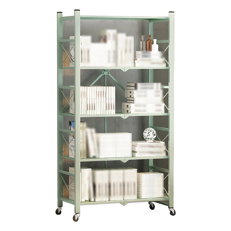 Folding Steel Industrial Etagere Bookshelf Open Bookshelf with Caster Wheels 28.3"L x 14.2"W x 63.8"H Green Clearhalo 'Bookcases' 'furn' 'furn_bookcases' 'Furniture' 'furniture_bookcases' 'Office Furniture' 4859564