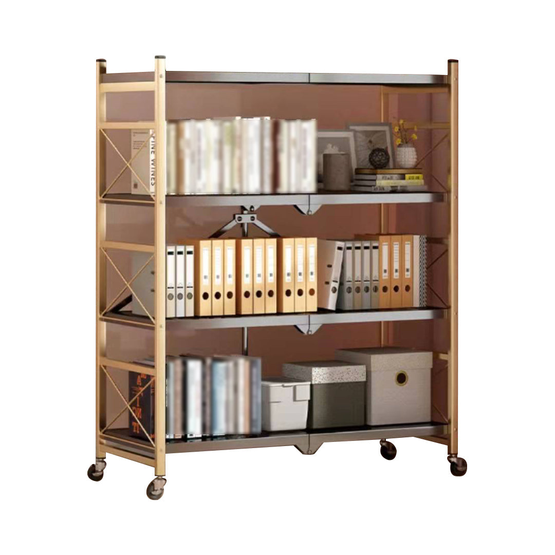 Folding Steel Industrial Etagere Bookshelf Open Bookshelf with Caster Wheels 28.3"L x 14.2"W x 49.2"H Black-Gold Clearhalo 'Bookcases' 'furn' 'furn_bookcases' 'Furniture' 'furniture_bookcases' 'Office Furniture' 4859566