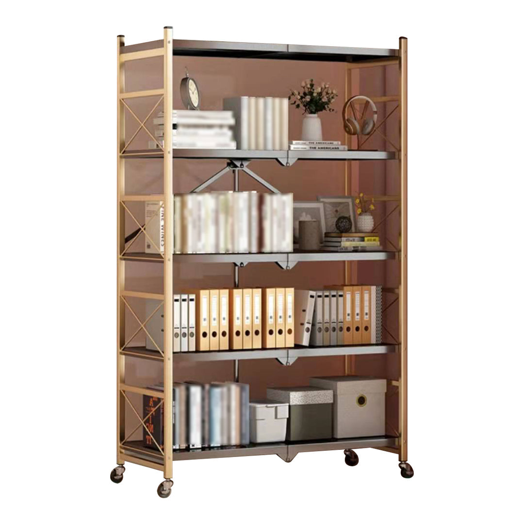 Folding Steel Industrial Etagere Bookshelf Open Bookshelf with Caster Wheels 28.3"L x 14.2"W x 63.8"H Black-Gold Clearhalo 'Bookcases' 'furn' 'furn_bookcases' 'Furniture' 'furniture_bookcases' 'Office Furniture' 4859567