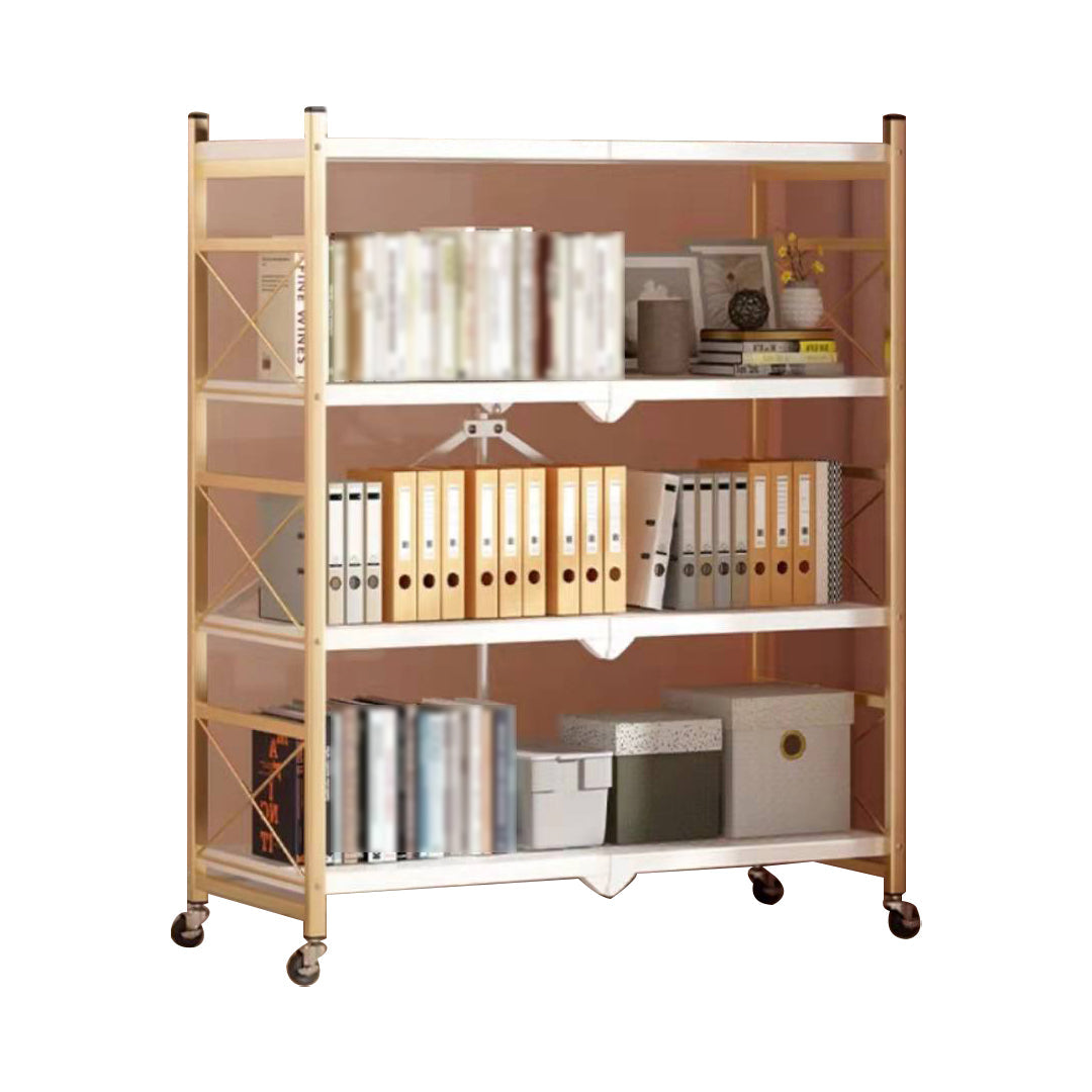 Folding Steel Industrial Etagere Bookshelf Open Bookshelf with Caster Wheels 28.3"L x 14.2"W x 49.2"H White-Gold Clearhalo 'Bookcases' 'furn' 'furn_bookcases' 'Furniture' 'furniture_bookcases' 'Office Furniture' 4859569